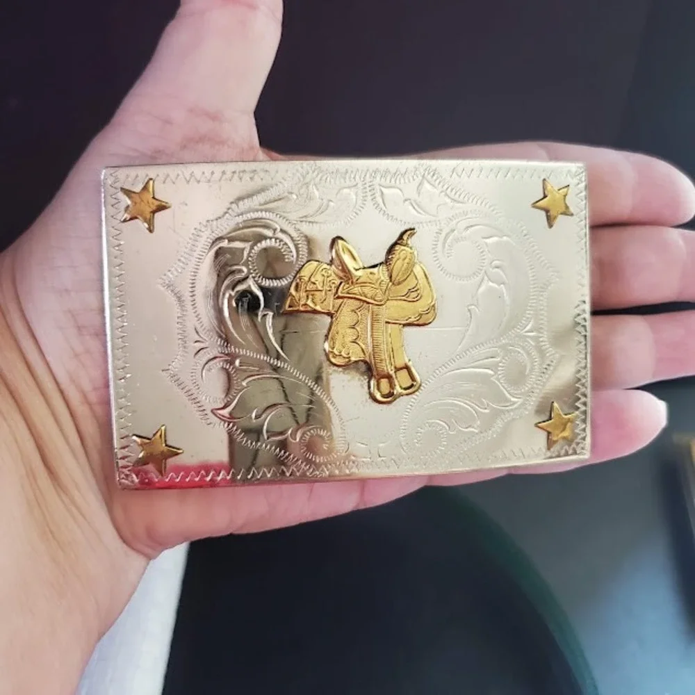 Vintage Nickel Silver Western Belt Buckle Gold Tone Saddle and Stars Engraved